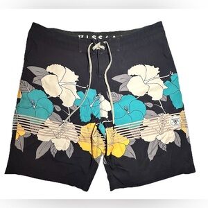 VISSLA Swim‎ Trunks Men’s 34 Black Multicolor Floral Swimwear Summer Pocket Tie